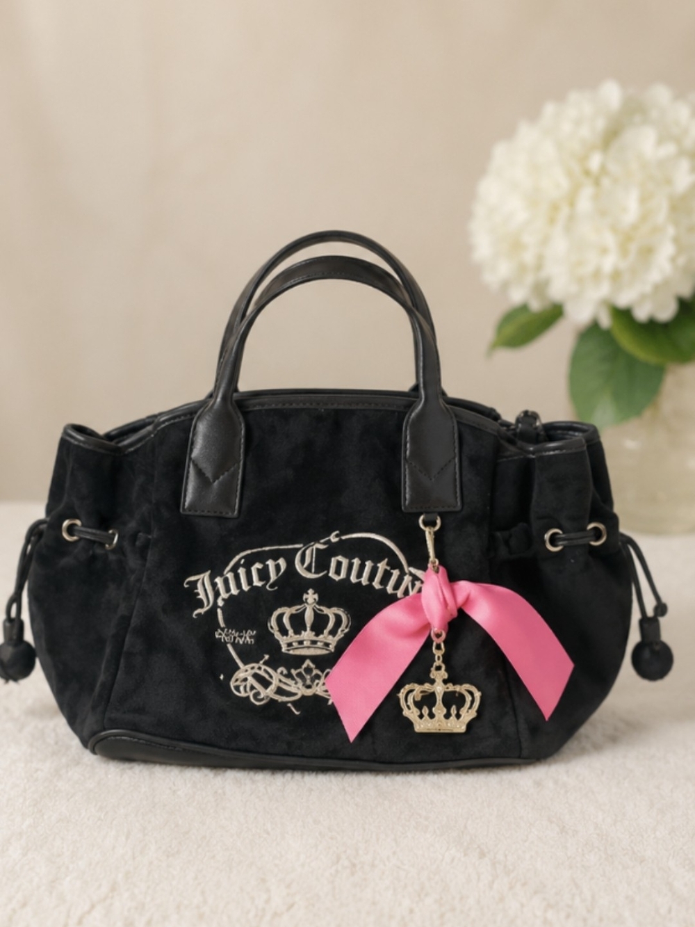 Juicy Couture Black Suede Satchel with Pink Ribbon Charm